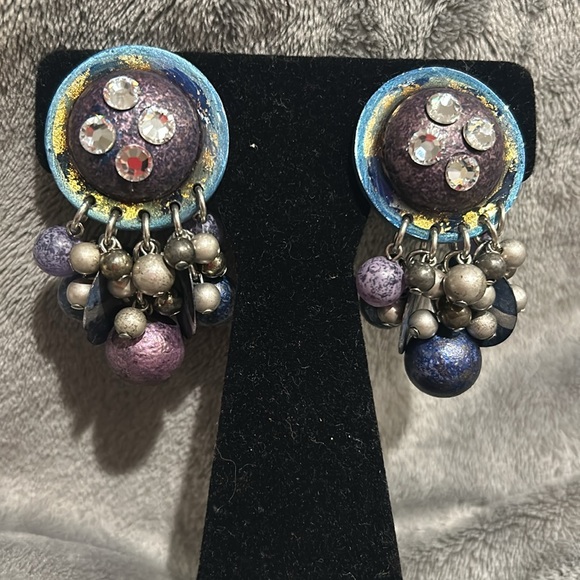 Vintage IKARAMI Denim Hues & Crystals Earrings-Boutique - Picture 1 of 8